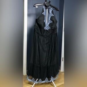 Robbie Bee Black Strapless Dress with Blue Lace